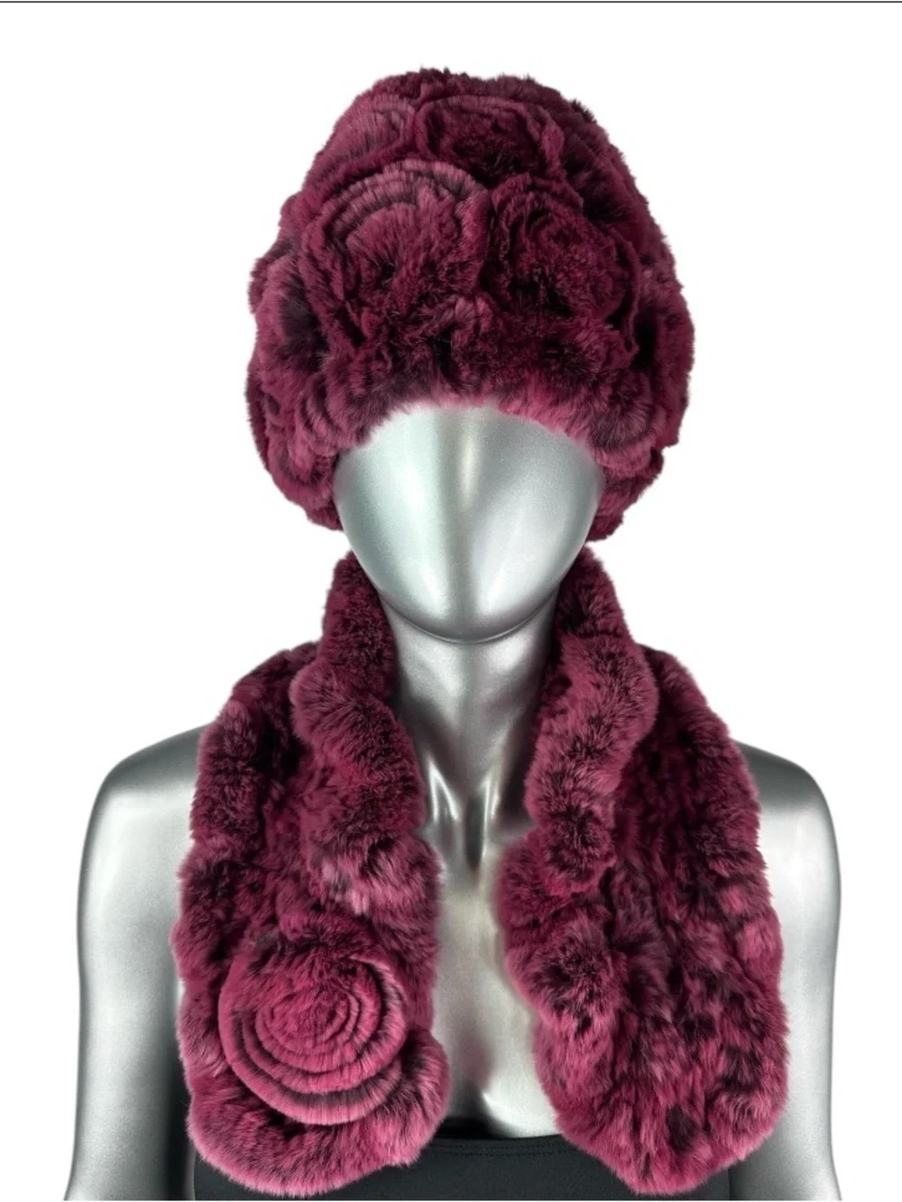 Rose REX RABBIT Hat and Scarf w/Rosettes, One Size 21”-23” w/Stretch, Certified
